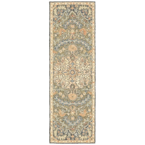 Oriental Weavers Alfresco Hand-made Wool Area Rug - 28401 - 2'6" x 8' - in Green/ Blue - Vintage Inspired, Hand-Made Wool Rugs, Entryway, Hallway Runner Rug