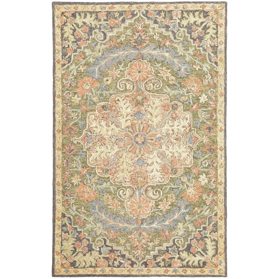 Oriental Weavers Alfresco Hand-made Wool Area Rug - 28401 - 5' x 8' - in Green/ Blue - Vintage Inspired, Hand-Made Wool Rugs, Bedroom, Office Rug