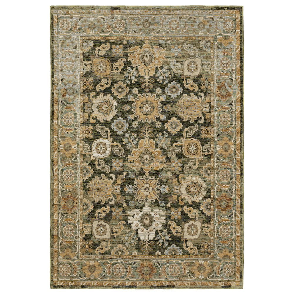 Ivory and Green Synthetic Stain-Resistant Rectangular Area Rug
