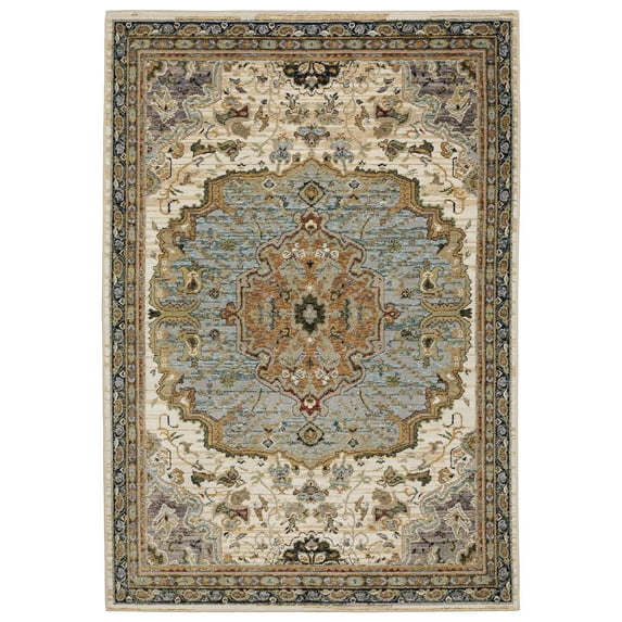 Oriental Weavers Andorra Area Rug - 2451B - 3'3" x 5'2" - in Ivory/ Blue - Vintage Inspired, Stain Resistant, Family and Pet Friendly , Entrway, Bedroom Rug