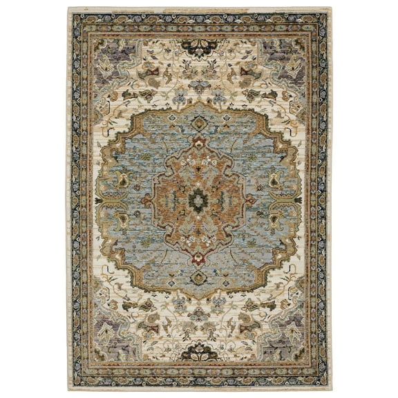 Oriental Weavers Andorra Area Rug - 2451B - 6'7" x 9'6" - in Ivory/ Blue - Vintage Inspired, Stain Resistant, Family and Pet Friendly , Dining, Living Room Rug