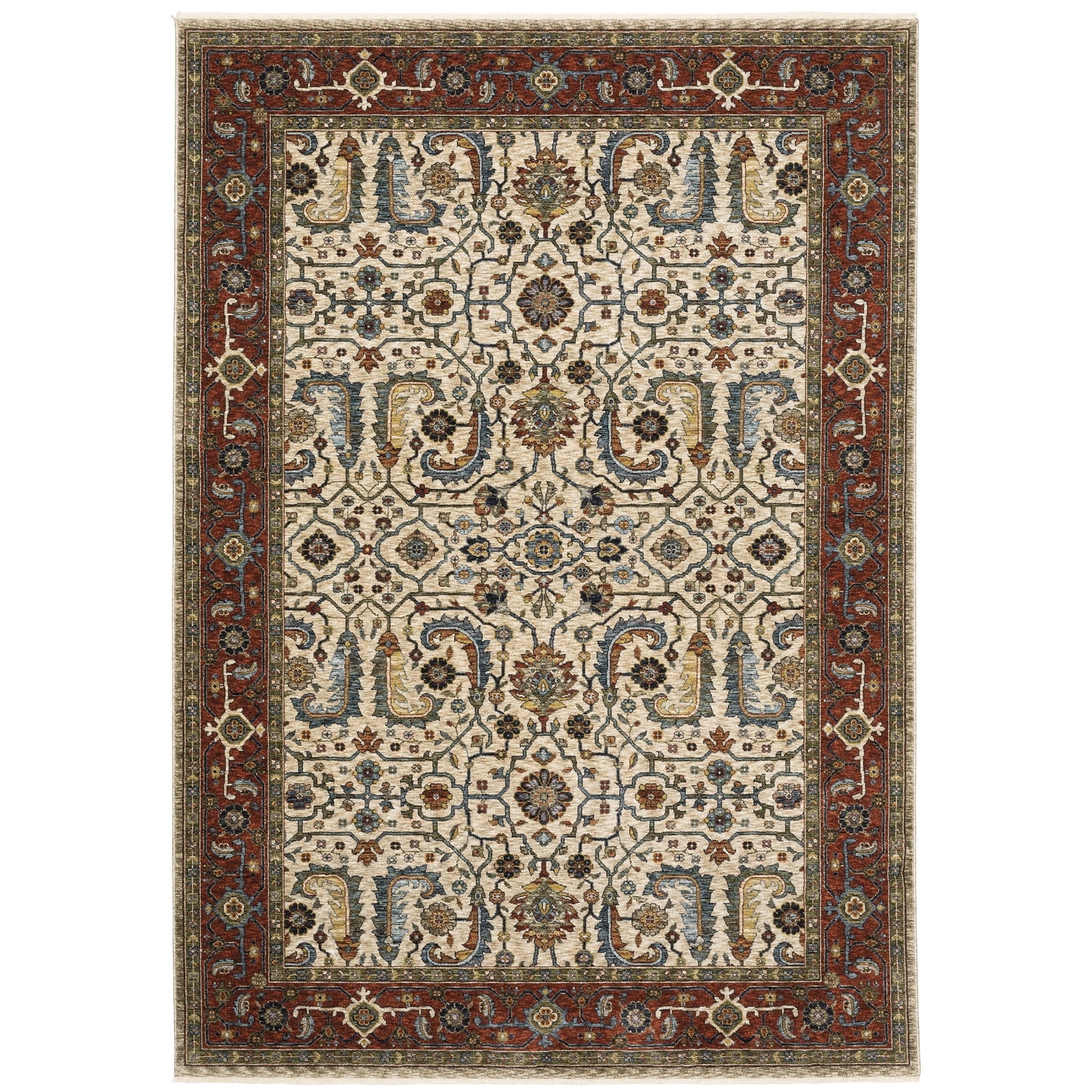 Ivory and Red Floral Motif Rectangular Area Rug