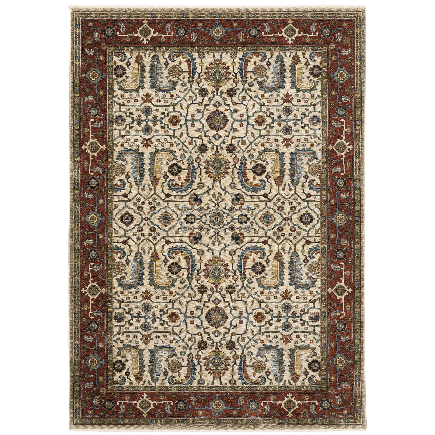 Ivory and Red Floral Motif Rectangular Area Rug