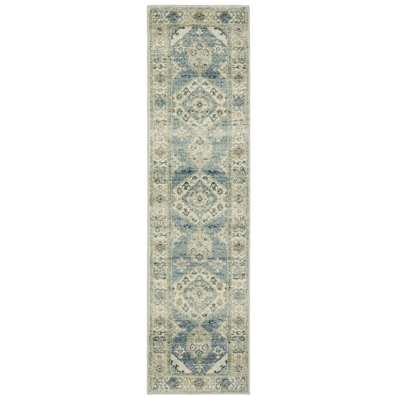 Oriental Weavers Branson Area Rug - BR03A - 1'10" x 7'3" - in Blue/ Grey - Vintage Inspired, Stain Resistant, Family and Pet Friendly , Entryway, Hallway Runner Rug