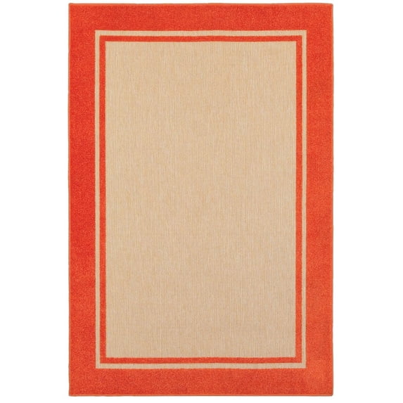 Oriental Weavers Cayman Indoor/Outdoor Rug - 5594Q - 7'10" x 10'10" - in Sand/ Orange - Classic Border, Multi-Level Pile, Water, Stain and Fade Resistant, Hose Clean, Patio, Outdoor Living Rug