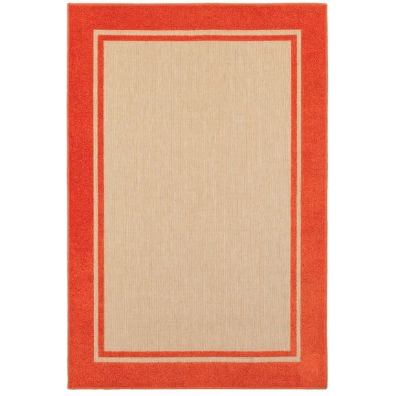 Oriental Weavers Cayman Indoor/Outdoor Rug - 5594Q - 7'10" x 10'10" - in Sand/ Orange - Classic Border, Multi-Level Pile, Water, Stain and Fade Resistant, Hose Clean, Patio, Outdoor Living Rug
