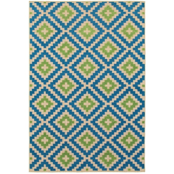 Oriental Weavers Cayman Indoor/Outdoor Rug - 2063Z - 7'10" x 10'10" - in Blue/ Green - Moroccan Lattice, Multi-Level Pile, Water, Stain and Fade Resistant, Hose Clean, Patio, Outdoor Living Rug