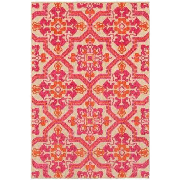 Oriental Weavers Cayman Indoor/Outdoor Rug - 2541V - 7'10" x 10'10" - in Sand/ Pink - Bohemian Medallions, Multi-Level Pile, Water, Stain and Fade Resistant, Hose Clean, Patio, Outdoor Living Rug
