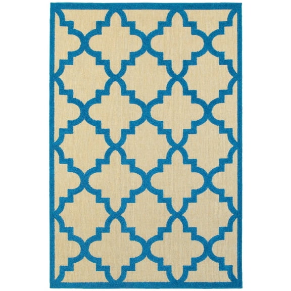 Oriental Weavers Cayman Indoor/Outdoor Rug - 660L9 - 9'10" x 12'10" - in Sand/ Blue - Moroccan Lattice, Multi-Level Pile, Water, Stain and Fade Resistant, Hose Clean, Patio, Outdoor Living Rug