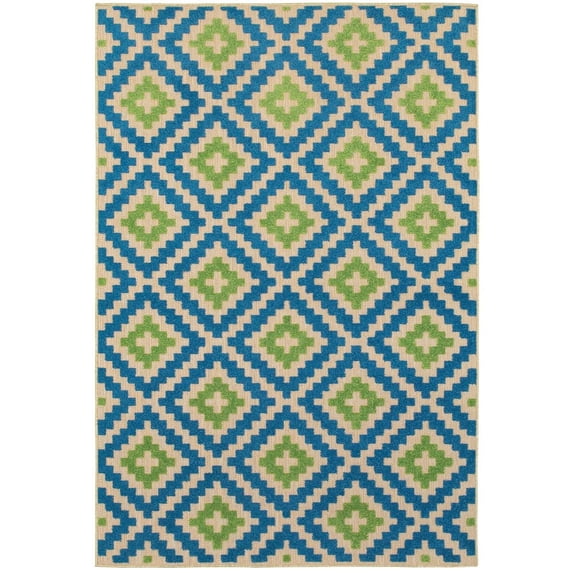 Oriental Weavers Cayman Indoor/Outdoor Rug - 2063Z - 9'10" x 12'10" - in Blue/ Green - Moroccan Lattice, Multi-Level Pile, Water, Stain and Fade Resistant, Hose Clean, Patio, Outdoor Living Rug