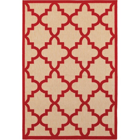 Oriental Weavers Cayman Indoor/Outdoor Rug - 660R9 - 9'10" x 12'10" - in Sand/ Red - Moroccan Lattice, Multi-Level Pile, Water, Stain and Fade Resistant, Hose Clean, Patio, Outdoor Living Rug