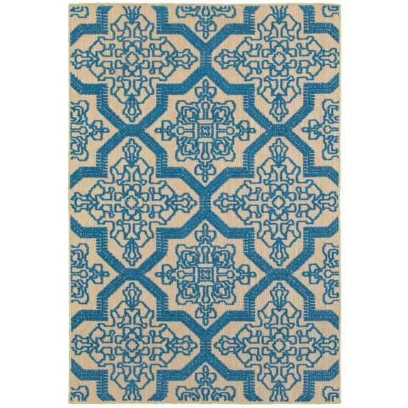 Oriental Weavers Cayman Indoor/Outdoor Rug - 2541M - 9'10" x 12'10" - in Sand/ Blue - Bohemian Medallions, Multi-Level Pile, Water, Stain and Fade Resistant, Hose Clean, Patio, Outdoor Living Rug