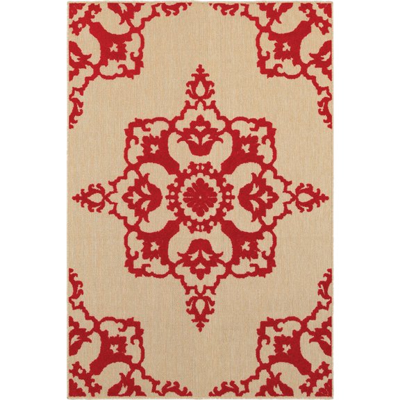 Oriental Weavers Cayman Indoor/Outdoor Rug - 097R9 - 2'3" x 7'6" - in Sand/ Red - Global Style, Multi-Level Pile, Water, Stain and Fade Resistant, Hose Clean, Patio, Outdoor Living Rug