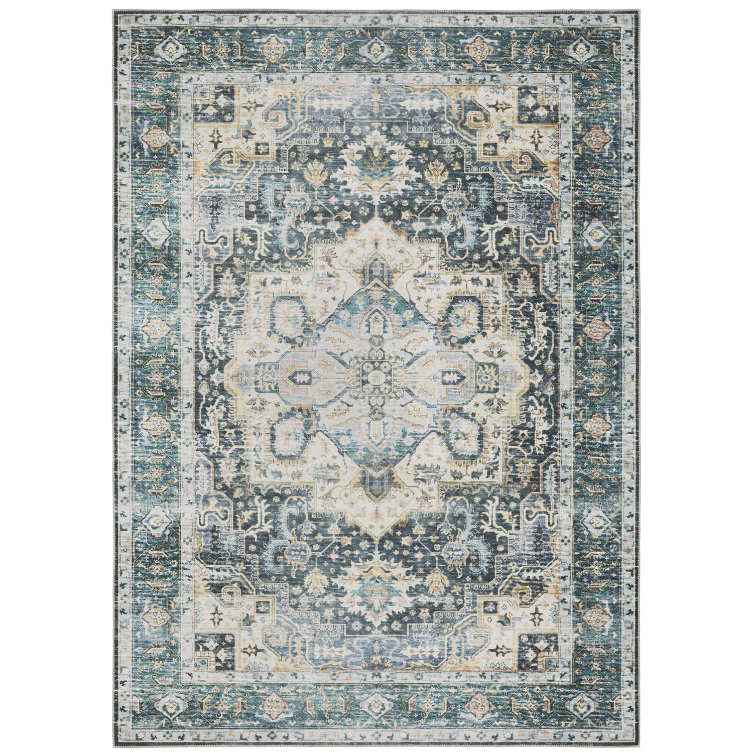 Charleston Blue and Ivory Washable Polyester 8x10 Area Rug