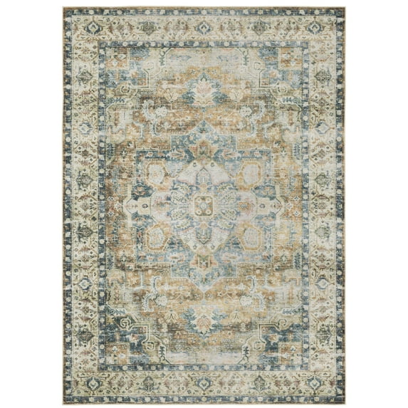 Oriental Weavers Charleston Washable Area Rug - CHA02 - 3'6" x 5'6" - in Blue/ Gold - Vintage Inspired, Non-Slip, Stain Resitant, Ultra Low Pile, Entrway, Bedroom Rug