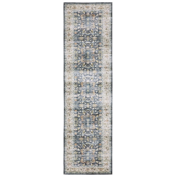 Oriental Weavers Charleston Washable Area Rug - CHA05 - 2' x 8' - in Blue/ Gold - Vintage Inspired, Non-Slip, Stain Resitant, Ultra Low Pile, Entryway, Hallway Runner Rug