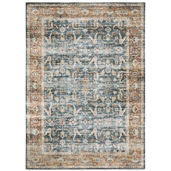 Oriental Weavers Charleston Washable Area Rug - CHA06 - 5' x 7' - in Blue/ Rust - Vintage Inspired, Non-Slip, Stain Resitant, Ultra Low Pile, Bedroom, Office Rug