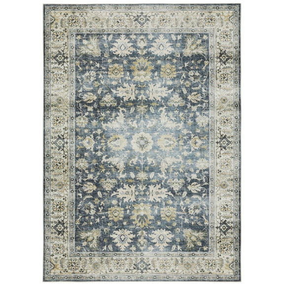 Oriental Weavers Charleston Washable Area Rug - CHA08 - 2' x 3' - in Blue/ Gold - Vintage Inspired, Non-Slip, Stain Resitant, Ultra Low Pile, Entryway, Bathroom Accent Rug