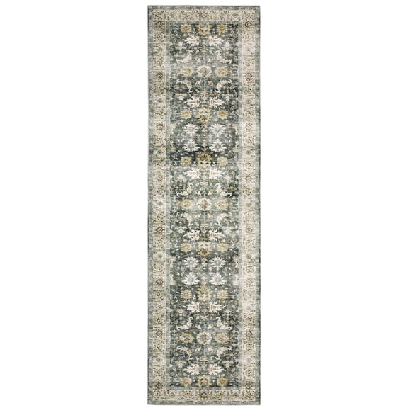 Oriental Weavers Charleston Washable Area Rug - CHA09 - 2' x 8' - in Charcoal/ Gold - Vintage Inspired, Non-Slip, Stain Resitant, Ultra Low Pile, Entryway, Hallway Runner Rug