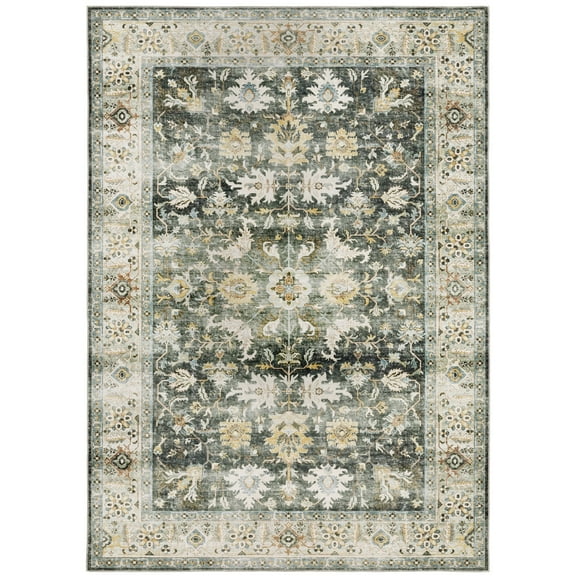 Oriental Weavers Charleston Washable Area Rug - CHA09 - 3'6" x 5'6" - in Charcoal/ Gold - Vintage Inspired, Non-Slip, Stain Resitant, Ultra Low Pile, Entrway, Bedroom Rug