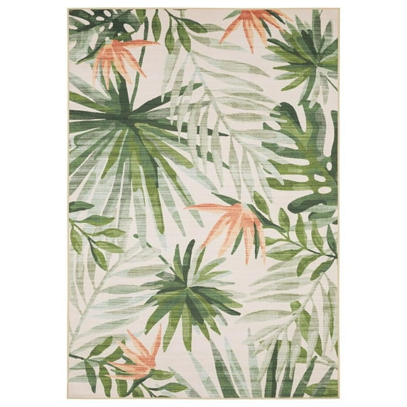 Oriental Weavers Fiji Washable Indoor/Outdoor Rug - FIJ04 - 5' x 7' - in Beige/ Green - Tropical Style, Non-Slip, Stain Resitant, Ultra Low Pile, Patio, Outdoor Living Area Rug