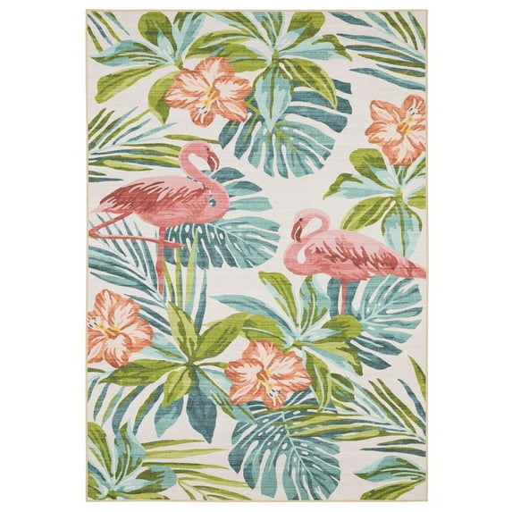Oriental Weavers Fiji Washable Indoor/Outdoor Rug - FIJ08 - 5' x 7' - in Beige/ Multi - Tropical Style, Non-Slip, Stain Resitant, Ultra Low Pile, Patio, Outdoor Living Area Rug