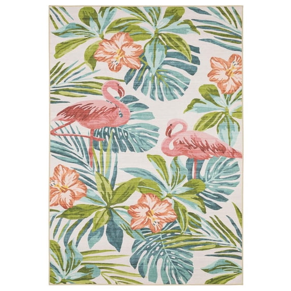 Oriental Weavers Fiji Washable Indoor/Outdoor Rug - FIJ08 - 7'6" x 10' - in Beige/ Multi - Tropical Style, Non-Slip, Stain Resitant, Ultra Low Pile, Patio, Outdoor Living Area Rug