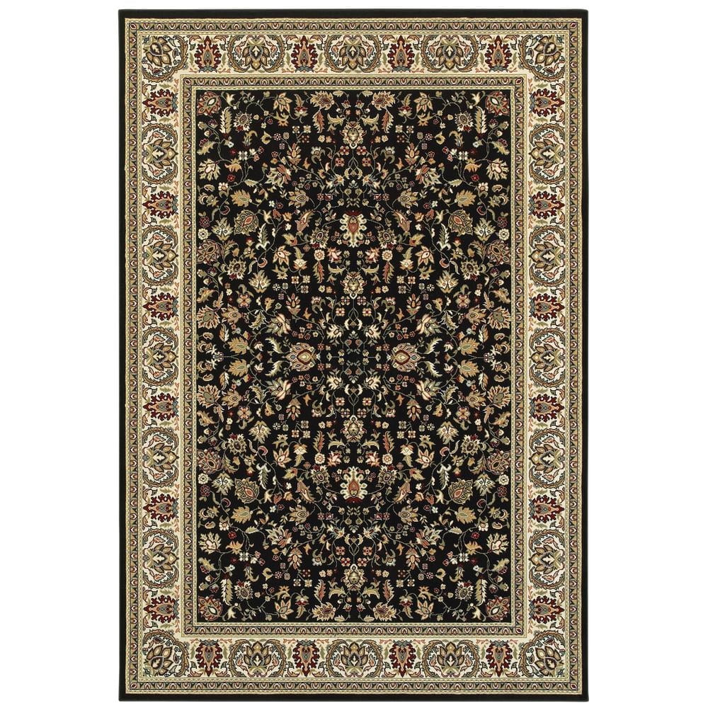 Kashan Black and Ivory Rectangular Synthetic Area Rug