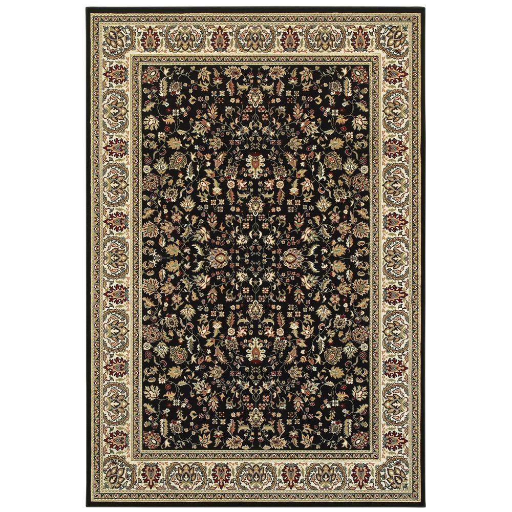 Kashan Black and Ivory Rectangular Synthetic Area Rug