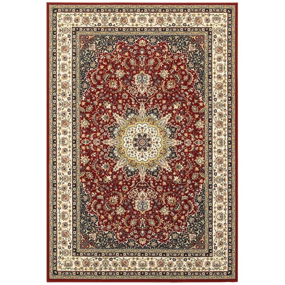 Kashan Red and Ivory Rectangular Synthetic Area Rug