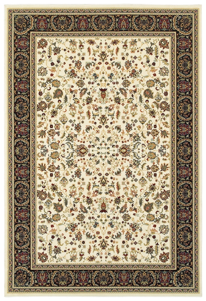 Kashan Ivory and Black Synthetic Rectangular Area Rug