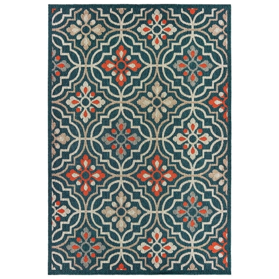 Oriental Weavers Latitude Indoor/Outdoor Rug - 709B3 - 6'7" x 9'2" - in Teal/ Orange - Eclectic Global Style, Water, Stain and Fade Resistant, Hose Clean, Patio, Outdoor Living Area Rug