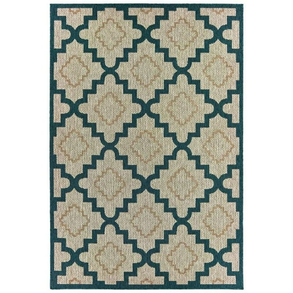 Oriental Weavers Latitude Indoor/Outdoor Rug - 804I3 - 7'10" x 10' - in Grey/ Teal - Moroccan Style, Water, Stain and Fade Resistant, Hose Clean, Patio, Outdoor Living Area Rug
