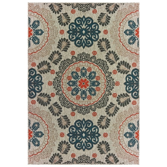 Oriental Weavers Latitude Indoor/Outdoor Rug - 1903W - 9'10" x 12'10" - in Gray/ Teal - Eclectic Global Style, Water, Stain and Fade Resistant, Hose Clean, Patio, Outdoor Living Area Rug