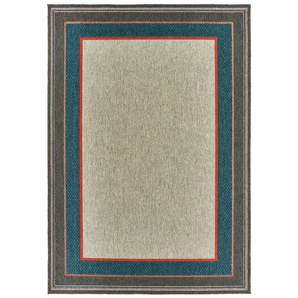 Oriental Weavers Latitude Indoor/Outdoor Rug - 8021L - 9'10" x 12'10" - in Grey/ Teal - Eclectic Global Style, Water, Stain and Fade Resistant, Hose Clean, Patio, Outdoor Living Area Rug