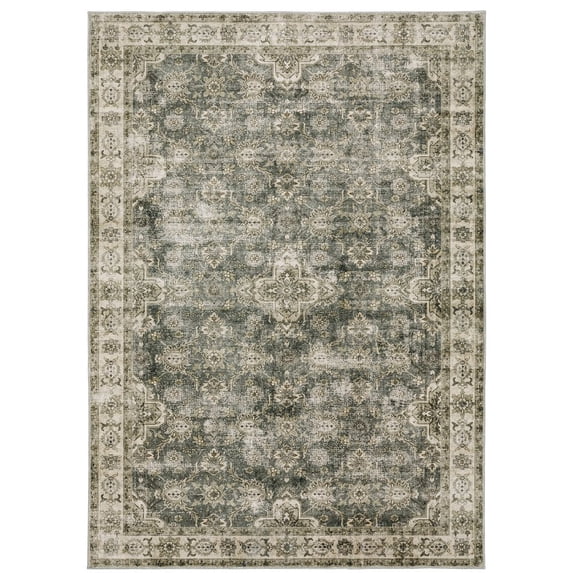 Oriental Weavers Malibu Washable Area Rug - MAL04 - 5' x 7' - in Green/ Beige - Vintage Inspired, Non-Slip, Stain Resitant, Ultra Low Pile, Bedroom, Office Rug