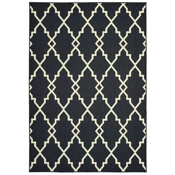 Oriental Weavers Marina Indoor/Outdoor Rug - 7763K - 8'6" x 13' - in Black/ Ivory - Moroccan Style, Water, Stain and Fade Resistant, Hose Clean, Patio, Outdoor Living Area Rug