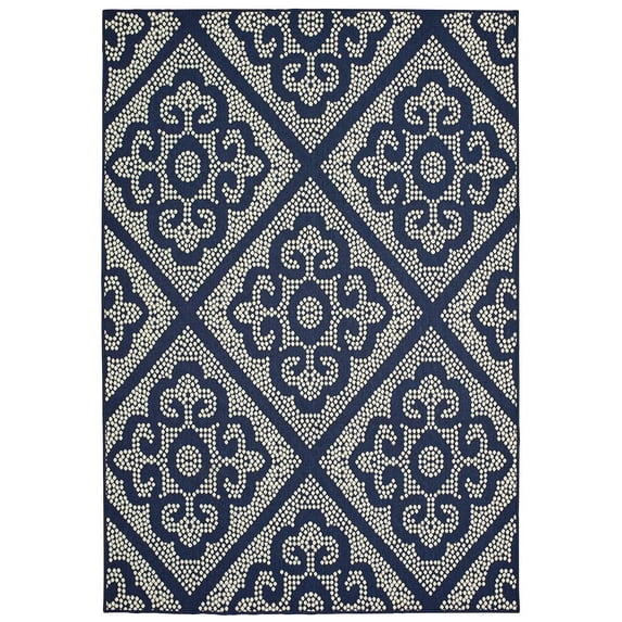 Oriental Weavers Marina Indoor/Outdoor Rug - 3804B - 8'6" x 13' - in Navy/ Ivory - Moroccan Style, Water, Stain and Fade Resistant, Hose Clean, Patio, Outdoor Living Area Rug