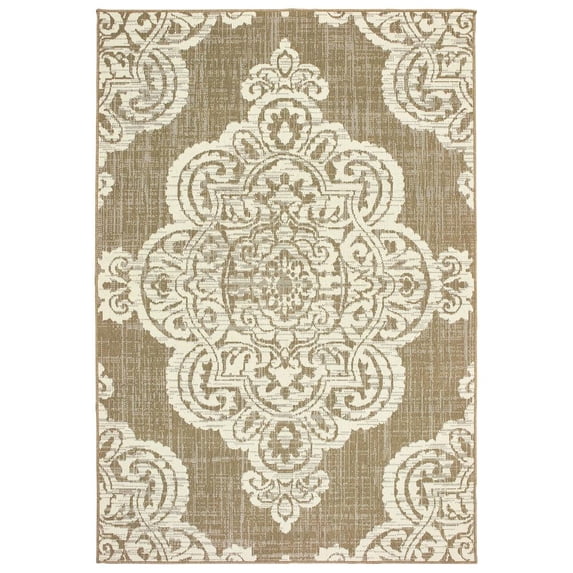 Oriental Weavers Marina Indoor/Outdoor Rug - 5929J - 2'5" x 4'5" - in Tan/ Ivory - Vintage Bohemian Style, Water, Stain and Fade Resistant, Hose Clean, Patio, Outdoor Living Area Rug