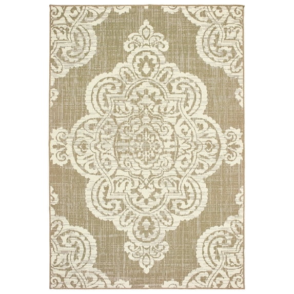 Oriental Weavers Marina Indoor/Outdoor Rug - 5929J - 8'6" x 13' - in Tan/ Ivory - Vintage Bohemian Style, Water, Stain and Fade Resistant, Hose Clean, Patio, Outdoor Living Area Rug