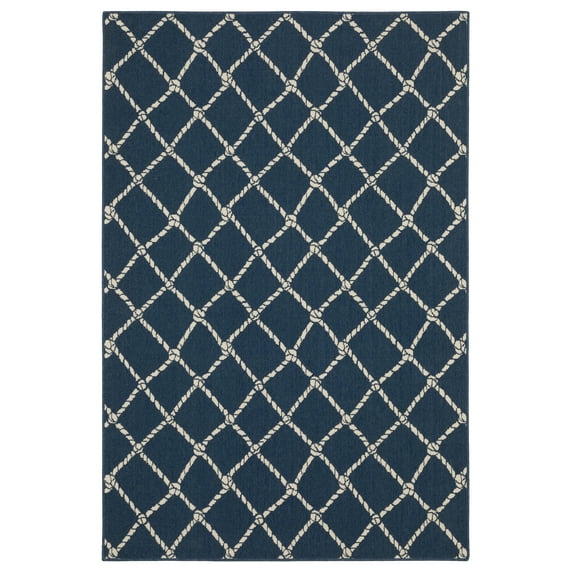 Oriental Weavers Meridian 4295B - Machine Woven Area Rug - 6'7" x 9'6" - in Navy/ Ivory - Coastal Style Patio, Deck, Porch, Mud Room Rug