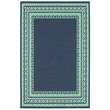 Oriental Weavers Meridian Indoor/Outdoor Rug - 9650B - 6'7" x 9'6" - in Navy/ Green - Vintage Inspired, Water, Stain and Fade Resistant, Hose Clean, Patio, Outdoor Living Area Rug