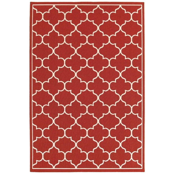 Oriental Weavers Meridian Indoor/Outdoor Rug - 1295R - 8'6" x 13' - in Red/ Ivory - Moroccan Style, Water, Stain and Fade Resistant, Hose Clean, Patio, Outdoor Living Area Rug