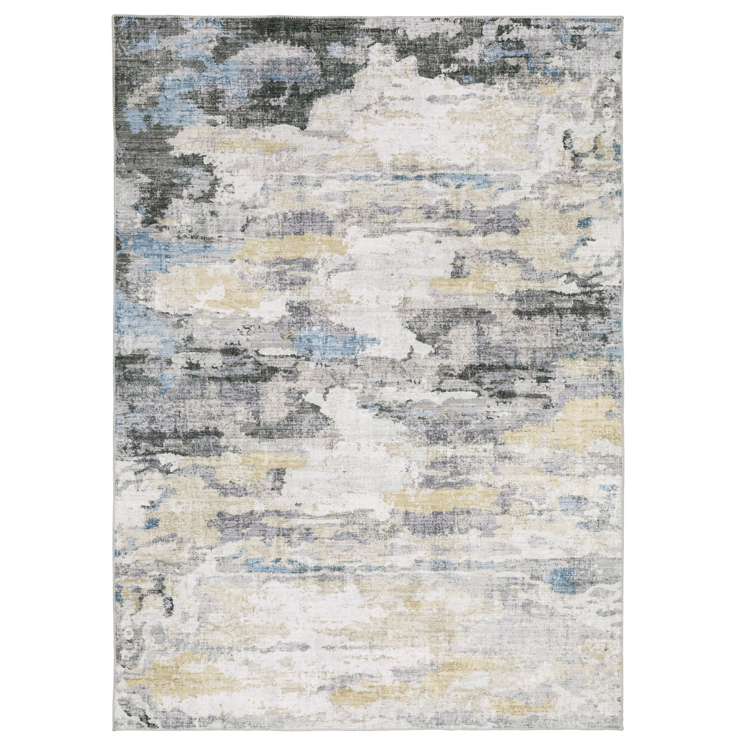 Ivory and Gray Abstract Washable Synthetic Area Rug, 5' x 7'