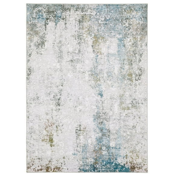 Oriental Weavers Malibu Washable Area Rug - MAL06 - 2' x 3' - in Ivory/ Blue - Modern Style, Non-Slip, Stain Resitant, Ultra Low Pile, Entryway, Bathroom Accent Rug