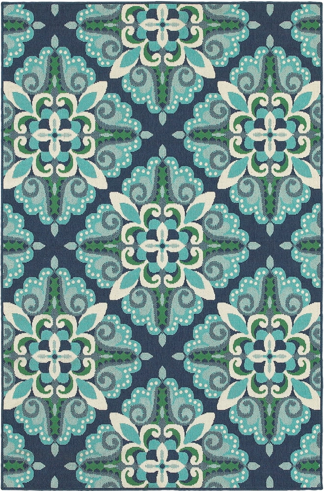 Rectangular Blue Geometric Stain-Resistant Synthetic Rug