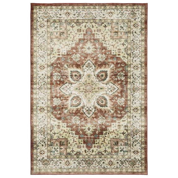 Oriental Weavers Sumter Washable Area Rug - SUM01 - 3'6" x 5'6" - in Red/ Ivory - Vintage Inspired, Non-Slip, Stain Resitant, Ultra Low Pile, Entrway, Bedroom Rug
