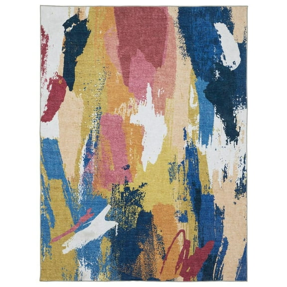 Oriental Weavers Sumter Washable Area Rug - SUM09 - 2' x 3' - in Blue/ Gold - Modern Style, Non-Slip, Stain Resitant, Ultra Low Pile, Entryway, Bathroom Accent Rug