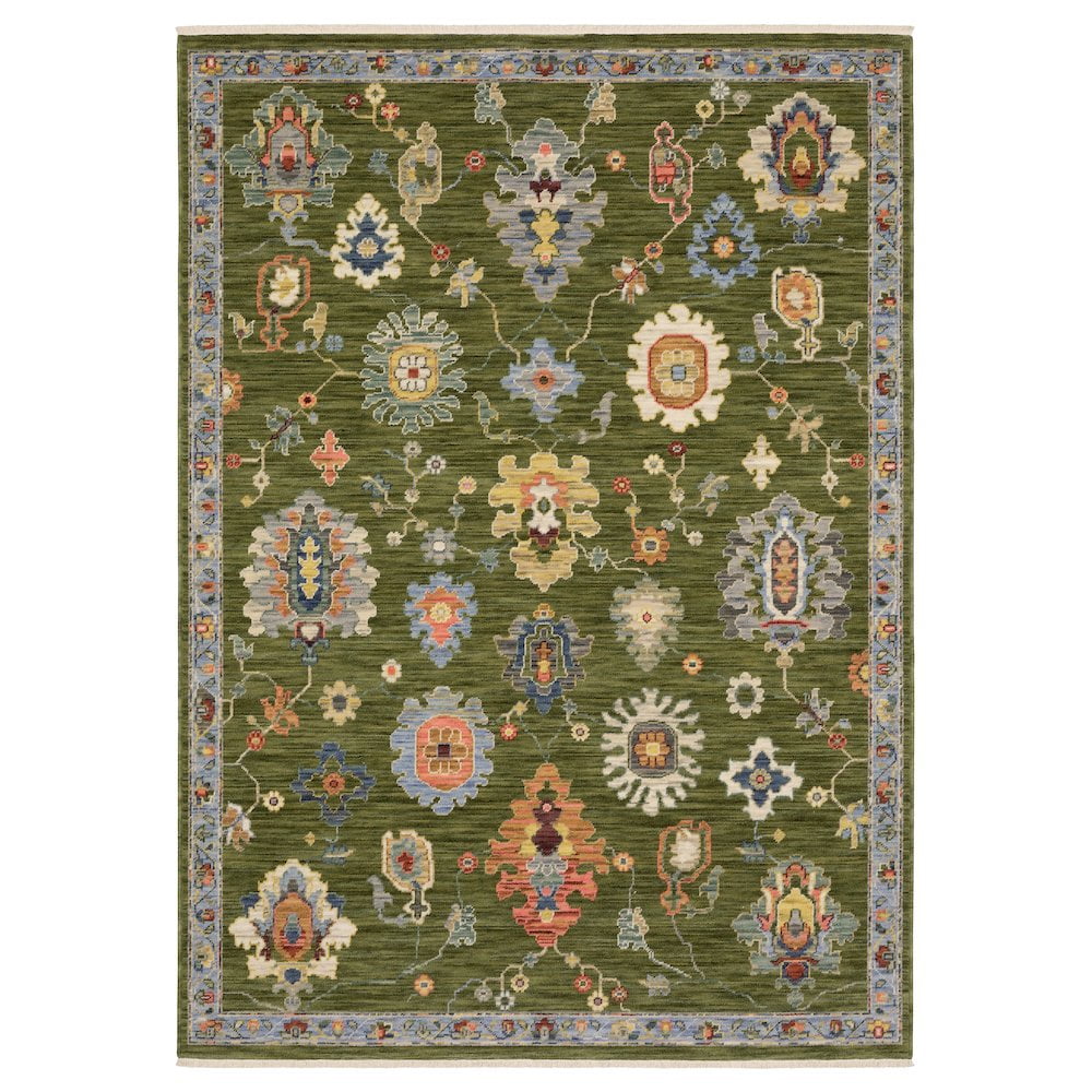 Green and Blue Wool Synthetic Oriental Runner Rug, 2' x 6'