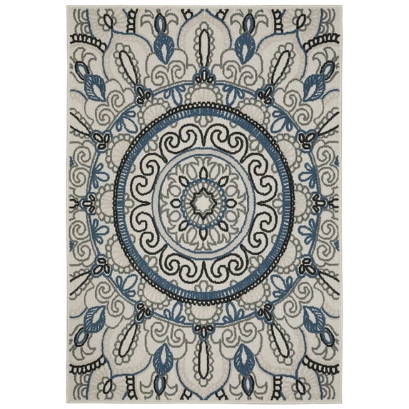 Oriental Weavers Torrey Indoor/Outdoor Rug - 072J1 - 9'10" x 12'10" - in Light Gray/ Blue - Vintage Bohemian Style, Water, Stain and Fade Resistant, Hose Clean, Patio, Outdoor Living Area Rug